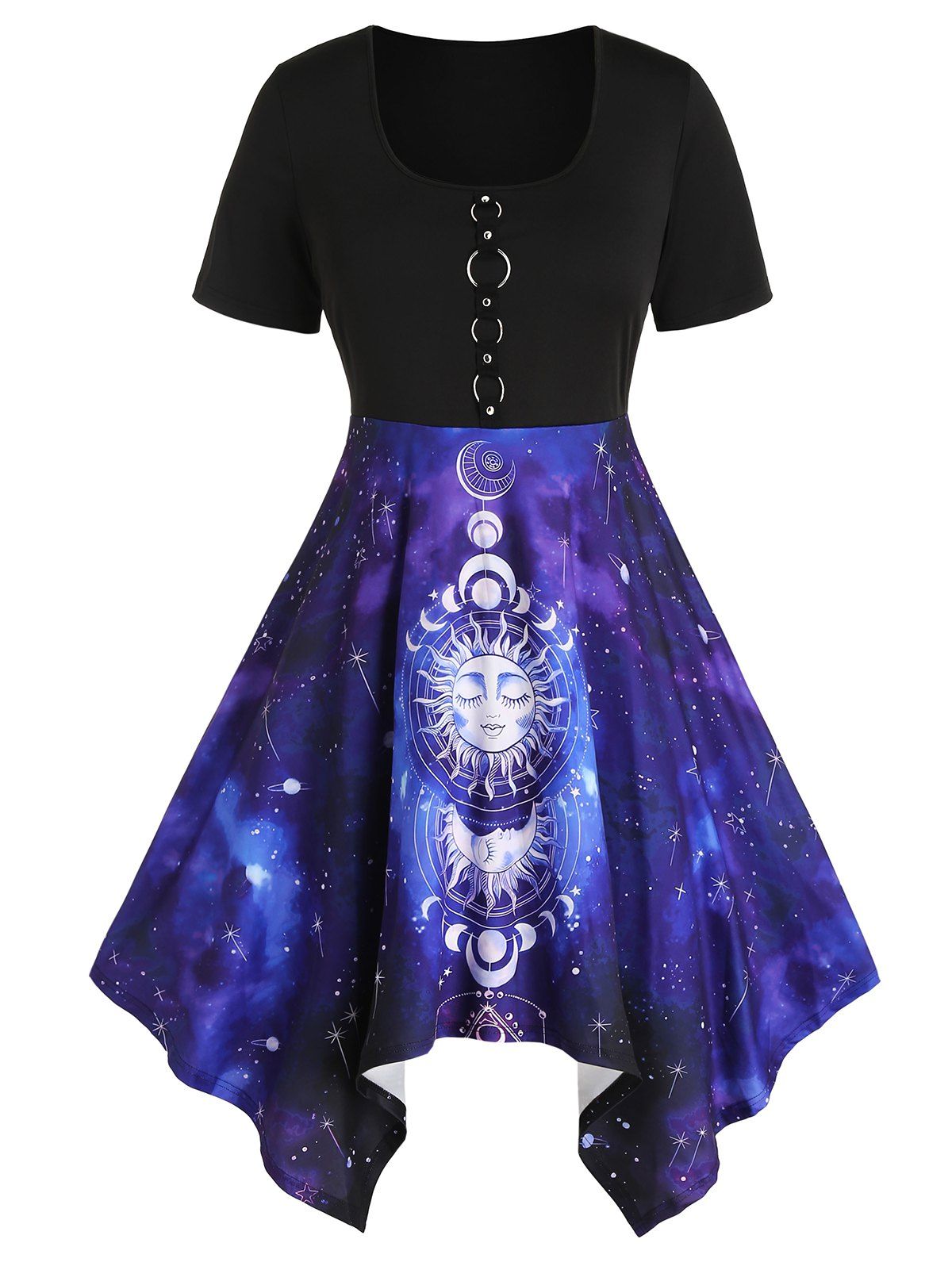 Plus Size & Curve Dress Celestial Sun And Moon Galaxy Print Dress O Ring Handkerchief Asymmetric Dress - BLACK L
