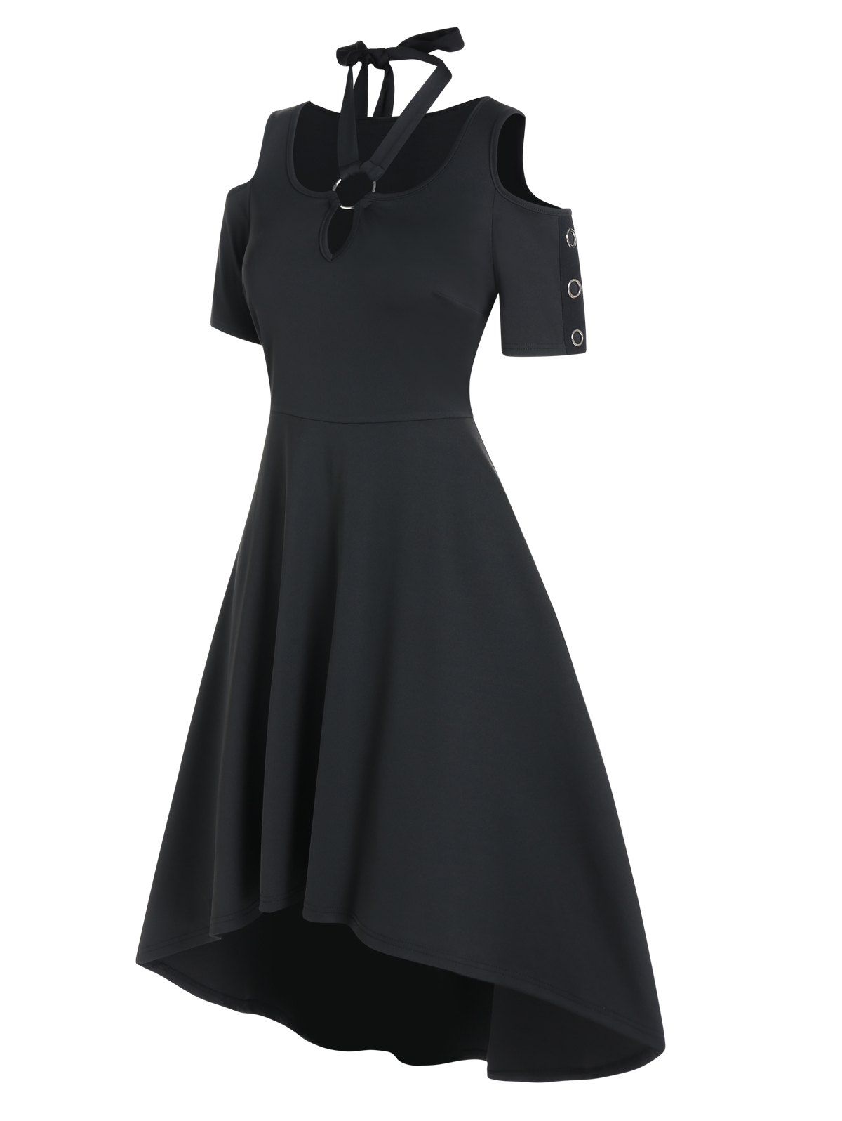Casual Dress Solid Color Dress Cut Out Cold Shoulder Tied High Waist High Low Midi Dress - BLACK M