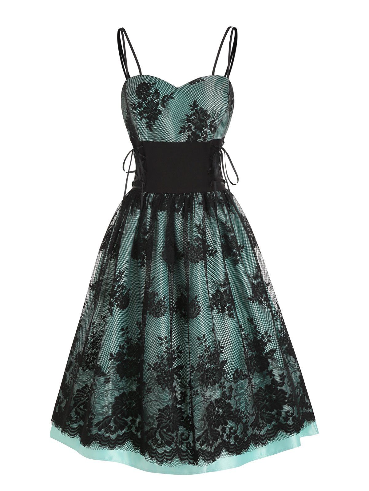 Party Dress Rose Lace Overlay Lace Up Sleeveless Spaghetti Strap High Waist A Line Midi Prom Dress - GREEN 2XL