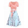 Peach Blossom Floral Print A Line Vacation Sundress and Bowknot Surplice T Shirt Two Piece Summer Set