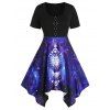 Plus Size & Curve Dress Celestial Sun And Moon Galaxy Print Dress O Ring Handkerchief Asymmetric Dress - BLACK L