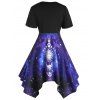 Plus Size & Curve Dress Celestial Sun And Moon Galaxy Print Dress O Ring Handkerchief Asymmetric Dress - BLACK 1X