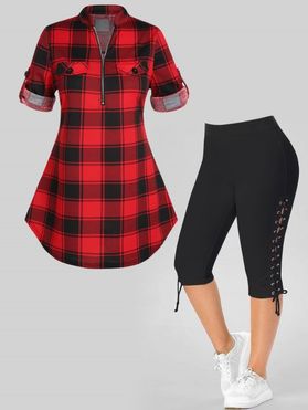 Plus Size Plaid Pattern Curved Hem Roll Up Sleeve Blouse And Eyelet Lace Up Capri Leggings Outfit