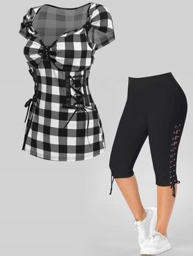 Plus Size Plaid Pattern Lace Up Ruched Bust Cap Sleeve Tee And Eyelet Lace Up Capri Leggings Summer Outfit