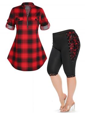 Plus Size Plaid Print Half Zipper Blouse and Lace Up Rose Lace Panel Capri Leggings Summer Casual Outfit