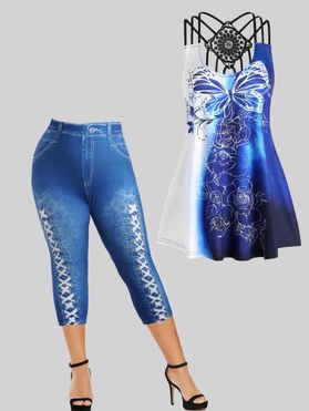 Plus Size Rose Butterfly Print Strappy Tank Top and Lace Up Print Jeggings Summer Casual Outfit