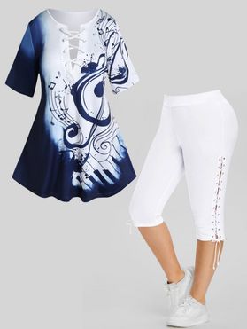 Plus Size Note Print Colorblock T Shirt and Lace Up Eyelet Capri Leggings Summer Casual Outfit