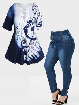 Plus Size Note Print Lace Up Colorblock T Shirt and Zipper Fly Solid Color Pockets Button Jeans Summer Casual Outfit