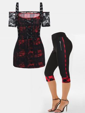 Plaid Print Rose Lace Panel Cold Shoulder Lace Up T Shirt And High Waist Capri Leggings Summer Outfit