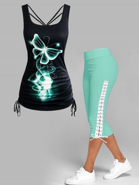 Cinched Tie Side Butterfly Print Tank Top and Lace Up Skinny Crop Leggings Summer Casual Outfit