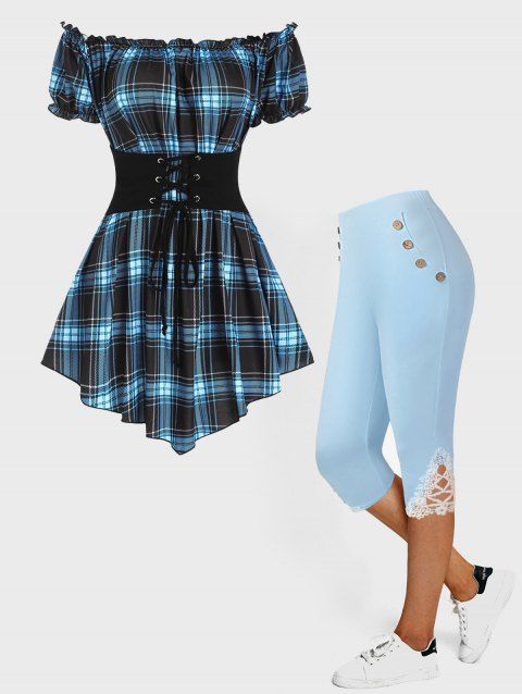 Plaid Ruffled Off The Shoulder Corset Waist Top and Lace Applique Capri Leggings Summer Casual Outfit