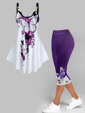 Butterfly Print Lace Ruffles Tank Top And Ombre Print Colorblock Capri Leggings Summer Outfits