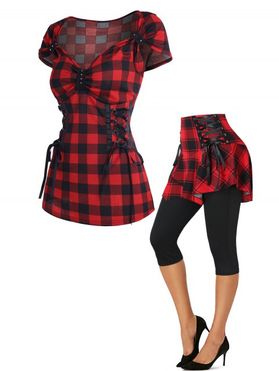 Plaid Print Lace Up Cap Sweetheart Neck Sleeve Tee And Cropped Skirted Leggings Summer Outfits