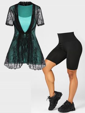 Floral Lace Overlay Asymmetrical Slit Tie Up T Shirt and Solid Color Ruched Shorts Leggings Summer Casual Outfit