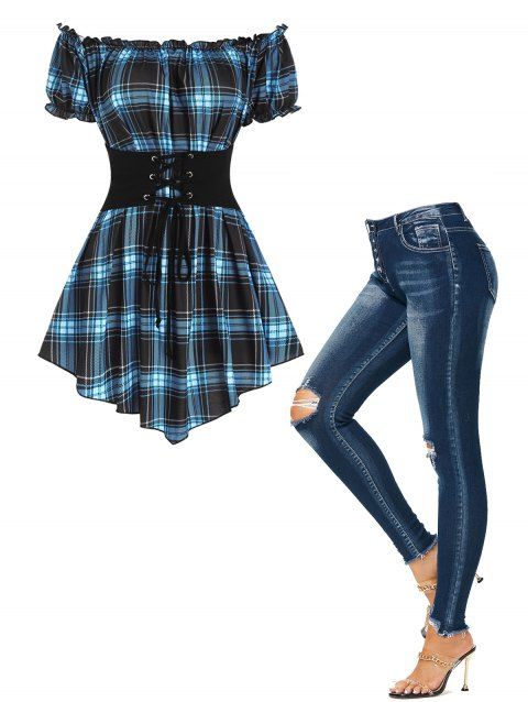 Plaid Ruffled Off The Shoulder Corset Waist Short Sleeve Pointed Hem Top And Ripped Button Fly Jeans Outfit