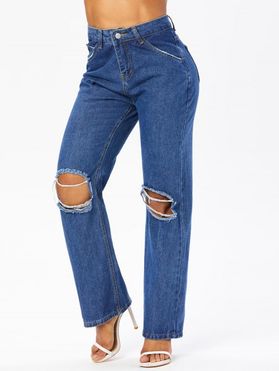 Ripped Jeans Solid Color Zipper Fly Pockets Wide Leg Casual Long Denim Pants