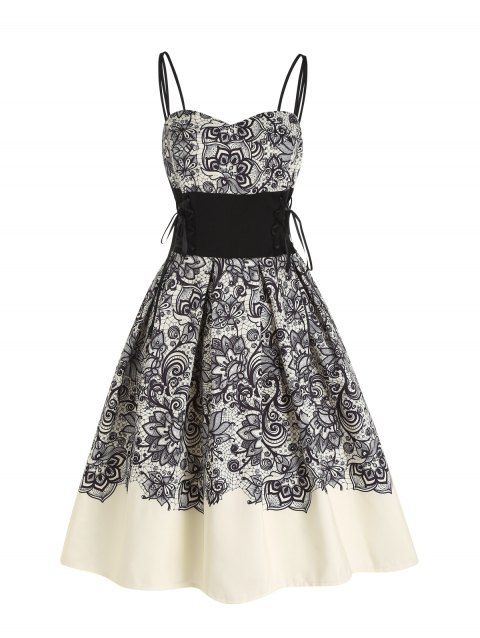 Party Dress Allover Web Floral Print Dress Lace Up High Waist Sleeveless Bohemian A Line Midi Prom Dress
