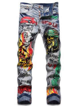 Skull Letter Graffiti Print Jeans Ripped Button Fly Faded Wash Casual Denim Pants