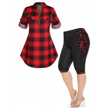 shop online Plus Size Plaid Print Half Zipper Blouse and Lace Up Rose Lace  Panel Capri Leggings Summer Casual Outfit, DRESSLILY,  Gender:Female, Size:L