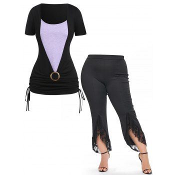 

Plus Size Colorblock Cinched Ruched Faux Twinset T Shirt And Floral Lace Insert Slit Flare Pants Summer Outfit, Multicolor
