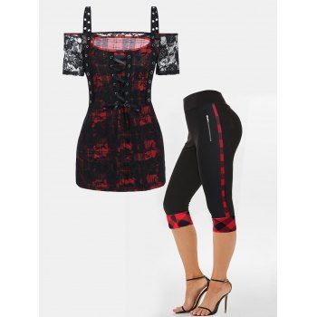 

Plaid Print Rose Lace Panel Cold Shoulder Lace Up T Shirt And High Waist Capri Leggings Summer Outfit, Multicolor