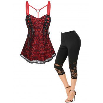 

Gothic Lace Up Skull Lace Overlay Tank Top And Rose Floral Lace Insert Capri Leggings Summer Outfit, Multicolor