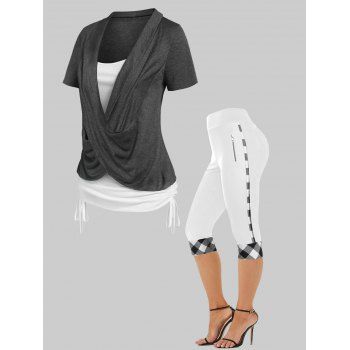 

Heathered Cinched Cross Contrast Colorblock Faux Twinset T Shirt and Plaid Panel Capri Leggings Summer Casual Outfit, Multicolor