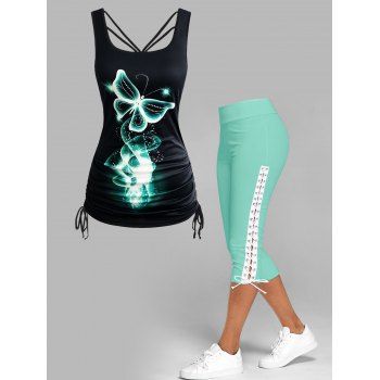 

Cinched Tie Side Butterfly Print Tank Top and Lace Up Skinny Crop Leggings Summer Casual Outfit, Green