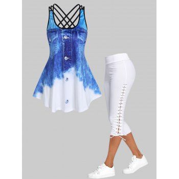 

Tie Dye Denim 3D Print Crisscross Tank Top And Lace Up Capri Leggings Summer Outfit, Multicolor