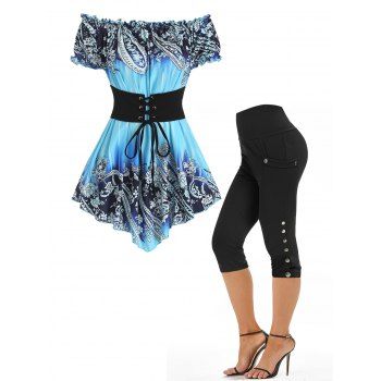 

Flower Paisley Print Off The Shoulder Corset Waist Top and Mock Button Pockets Capri Pants Summer Outfit, Multicolor