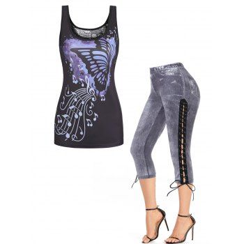 Note Butterfly Print Skull Lace Panel Tank Top and Faux Denim Print Lace Up Capri Jeggings Gothic Casual Outfit