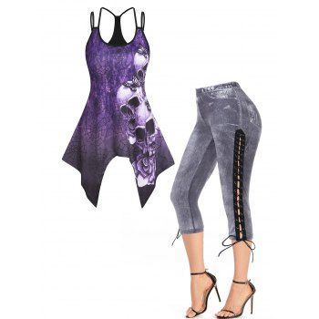 

Spider Web Skull Print Cut Out Tank Top and Faux Denim Print Lace Up Capri Jeggings Gothic Casual Outfit, Multicolor