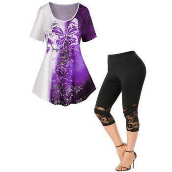 Ombre Butterfly Flower Print Colorblock T Shirt And Floral Lace Insert Capri Leggings Summer Outfit