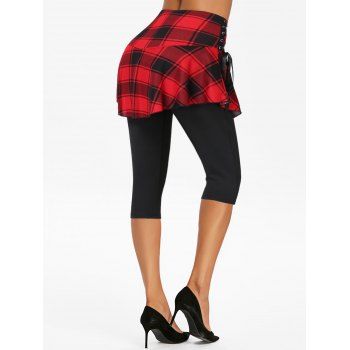Plaid Print Lace Up Cap Sweetheart Neck Sleeve Tee And Cropped Skirted Leggings Summer Outfits