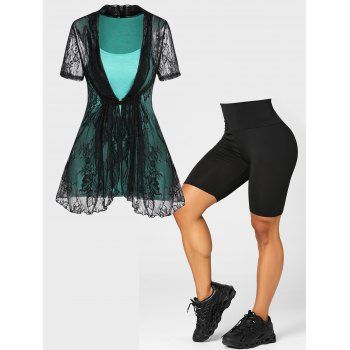 

Floral Lace Overlay Asymmetrical Slit Tie Up T Shirt and Solid Color Ruched Shorts Leggings Summer Casual Outfit, Multicolor