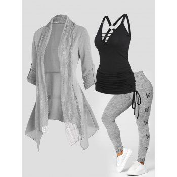 

Floral Lace Draped Roll Up Knit Open Front Cardigan O Ring Cinched Tank Top And Butterfly Print High Waist Leggings Outfit, Multicolor