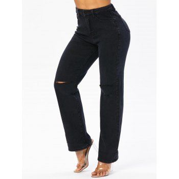 

Ripped Jeans Solid Color Zipper Fly Pockets Wide Leg Disstressed Long Denim Pants, Black