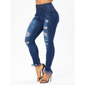 Ripped Jeans Frayed Pockets Zipper Fly Asymmetric Hem Deep Wash Long Skinny Denim Pants