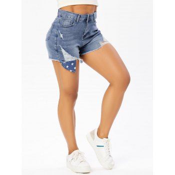 

Ethnic Denim Shorts Ripped Frayed American Flag Star Striped Print Zipper Fly Pockets Summer Shorts, Blue