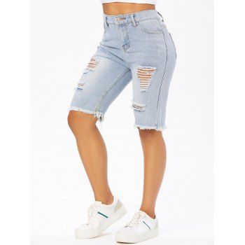 

Summer Denim Shorts Ripped Frayed Zipper Fly Pockets Casual Denim Bermuda, Light blue