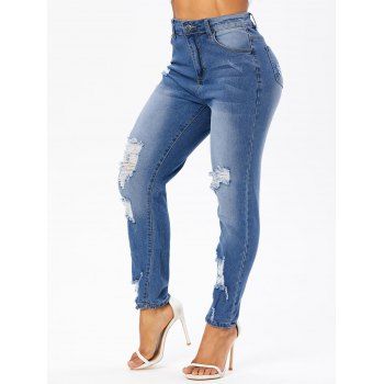 

Ripped Jeans Pockets Zipper Fly Light Wash Long Skinny Denim Pants, Blue