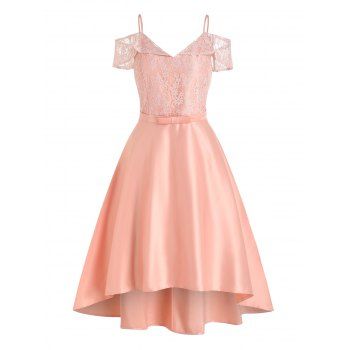 

Party Dress Solid Color Flower Lace Panel Bowknot High Waist Foldover Prom High Low Midi Dress, Light pink