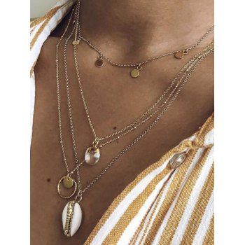 

Layered Necklace Shell Round Shape Rhinestone Pendant Alloy Chain Necklace, Golden