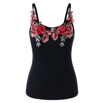 

Plus Size & Curve Tank Top Flower Leaf Embroidery Applique Summer Cami Top, Black