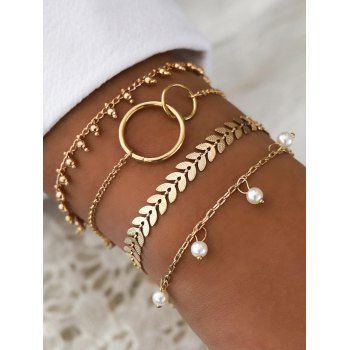 

4 Pcs Bracelets Geometric Leaf Faux Pearl Trendy Bracelets Set, Golden