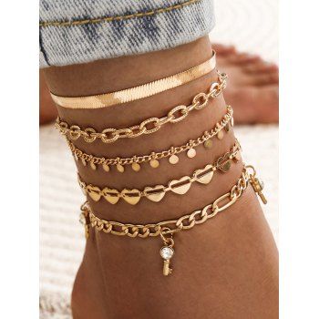 

5 Pcs Anklets Beach Anklets Geometric Heart Rhinestone Key Trendy Ankle Chains Set, Golden