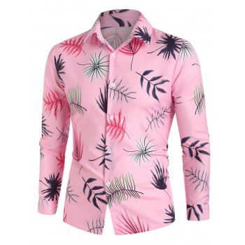 

Vacation Shirt Leaf Print Shirt Long Sleeve Turn Down Collar Casual Button-up Shirt, Light pink