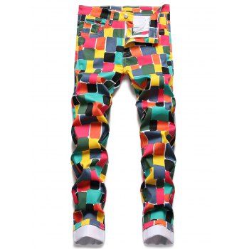 

Colored Jeans Geometric Print Jeans Pockets Zipper Fly Long Casual Denim Pants, Red