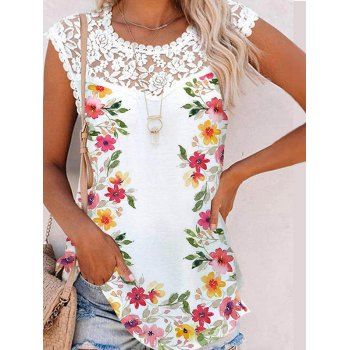 

Casual Tank Top Colored Feather Print Tank Top Floral Lace Panel Summer Top, Red