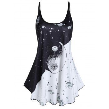 

Vacation Ringer Casual Tank Top Star Moon Galaxy Print Skirted Round Neck Summer Top, Multicolor